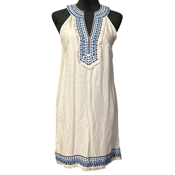 Mud Pie Sleeveless White & Blue Embroidered Shift Dress With Fringe Hem XS - Picture 1 of 4